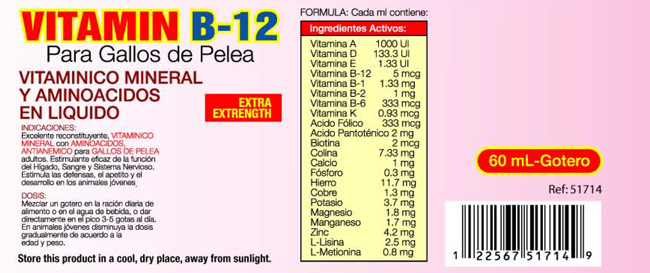 Vitamina B12 para Gallos de Pelea